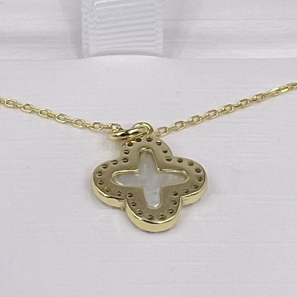 RACHEL ZOE, STERLING SILVER 18KT GOLD PLATED MOTHER OF PEARL CLOVER NECKLACE, CZ - Picture 6 of 16